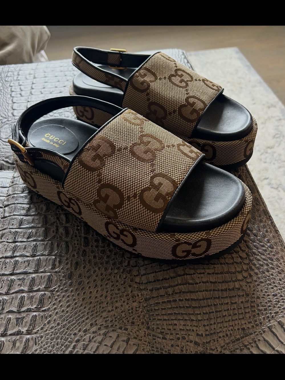 Gucci GG Canvas Slide Sandals with Ankle Strap - Picture 2 of 9